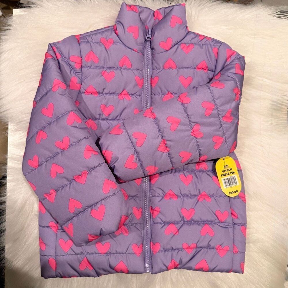 Lightning Bug Toddler Girls Puffer Jacket Purple w/ Pink Hearts 4T NWT